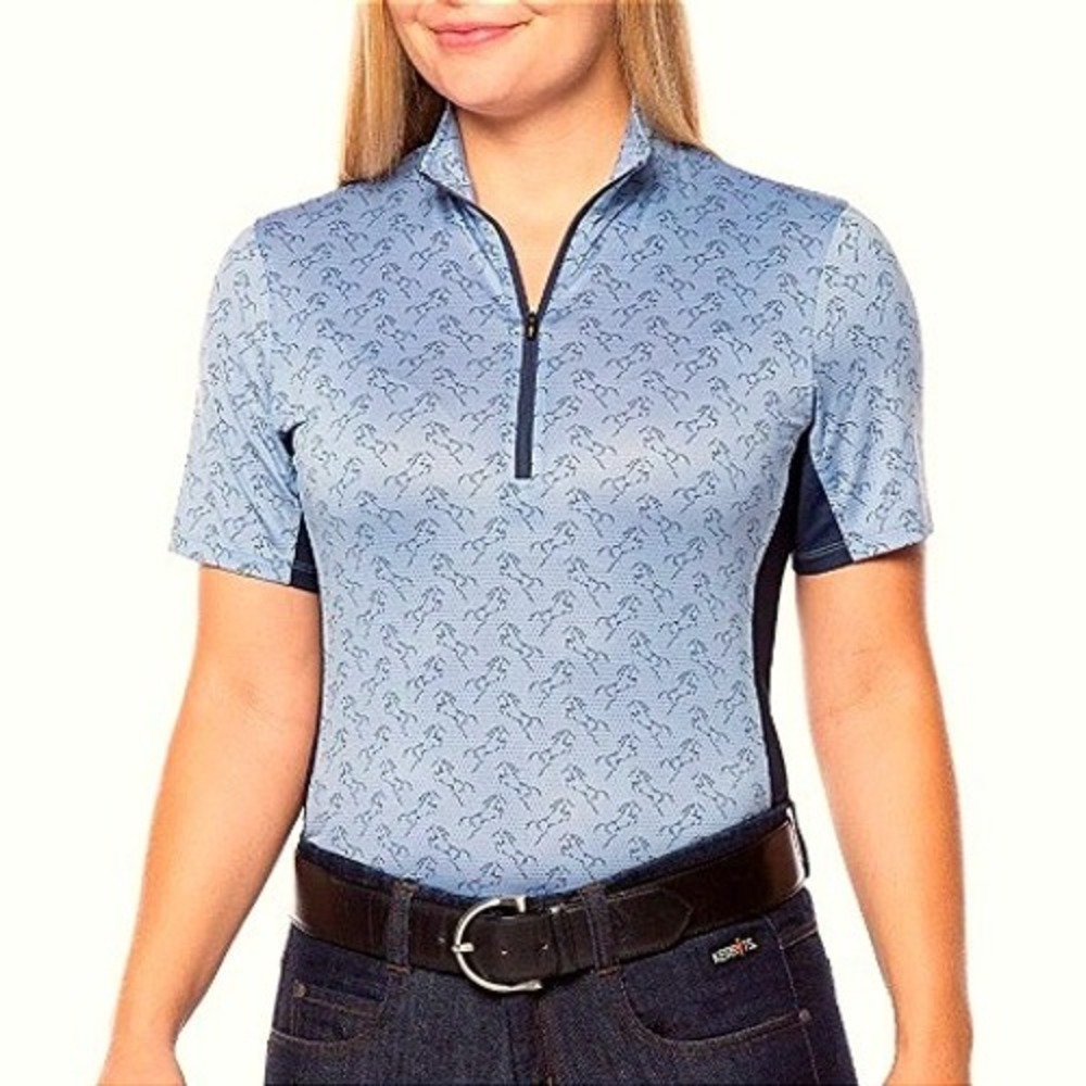 Kerrits Aire Ice Fil Blue Oxford Etched Horst Print Equestrian Riding Shirt S